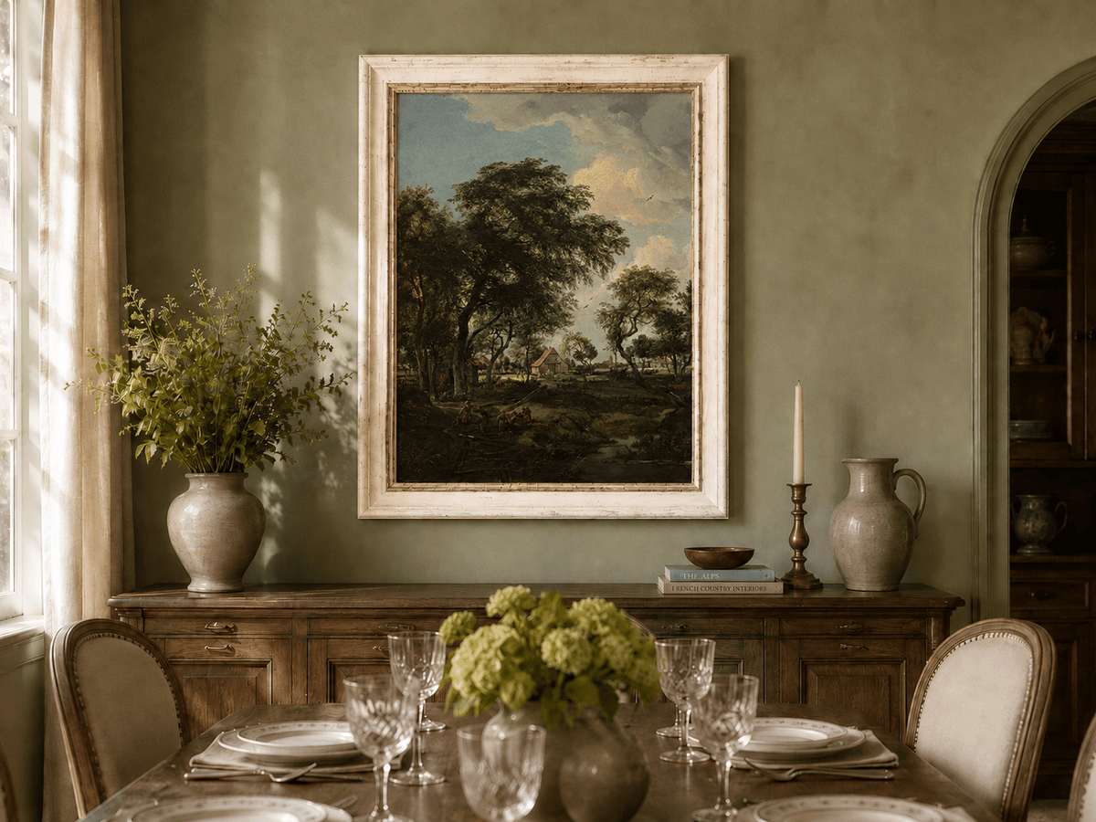 Landscape Oil Painting - Rustic Village Landscape Trees & Stream