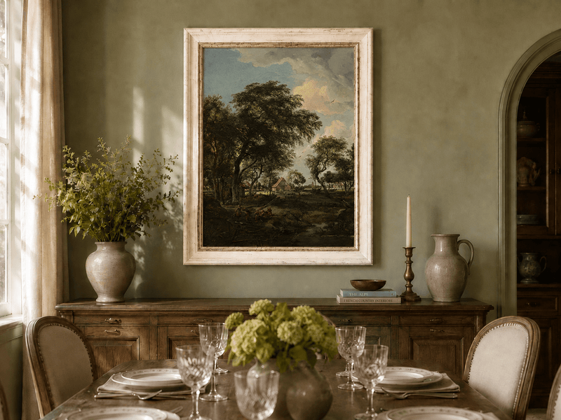 Landscape Oil Painting - Rustic Village Landscape Trees & Stream