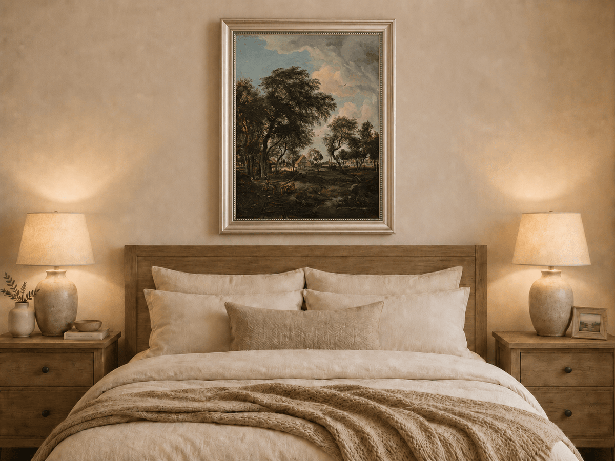 Landscape Oil Painting - Rustic Village Landscape Trees & Stream