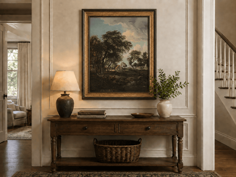 Landscape Oil Painting - Rustic Village Landscape Trees & Stream