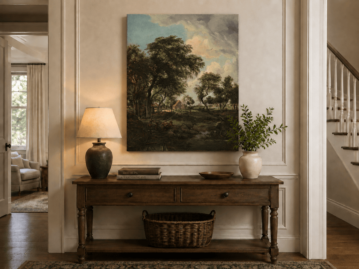 Landscape Oil Painting - Rustic Village Landscape Trees & Stream