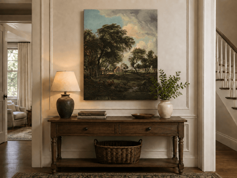 Landscape Oil Painting - Rustic Village Landscape Trees & Stream