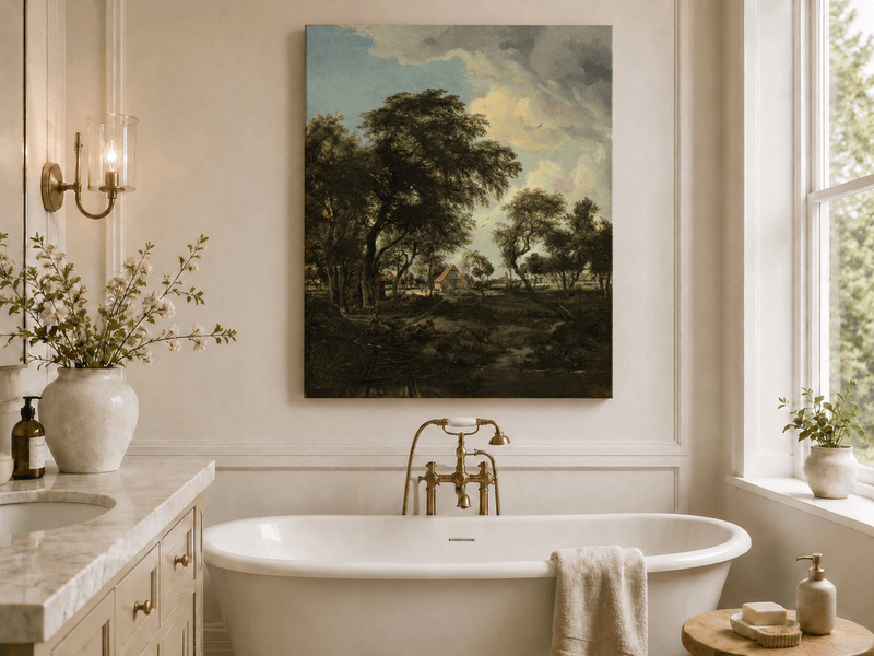 Landscape Oil Painting - Rustic Village Landscape Trees & Stream