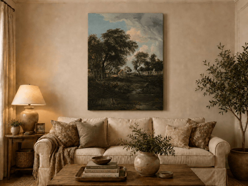 Landscape Oil Painting - Rustic Village Landscape Trees & Stream