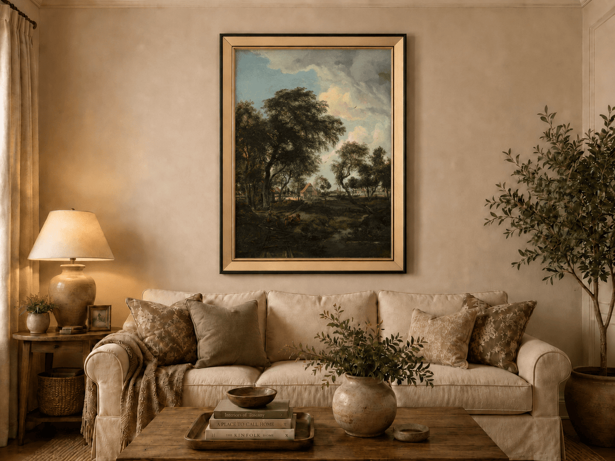 Landscape Oil Painting - Rustic Village Landscape Trees & Stream
