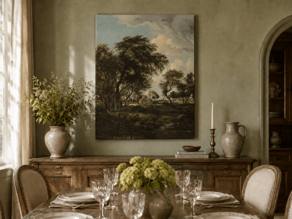 Landscape Oil Painting - Rustic Village Landscape Trees & Stream