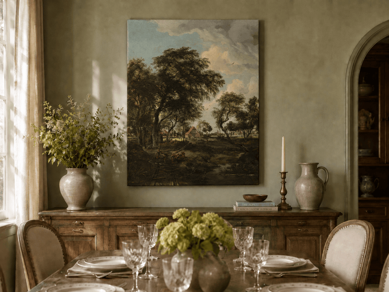 Landscape Oil Painting - Rustic Village Landscape Trees & Stream