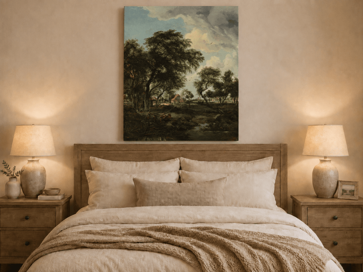 Landscape Oil Painting - Rustic Village Landscape Trees & Stream