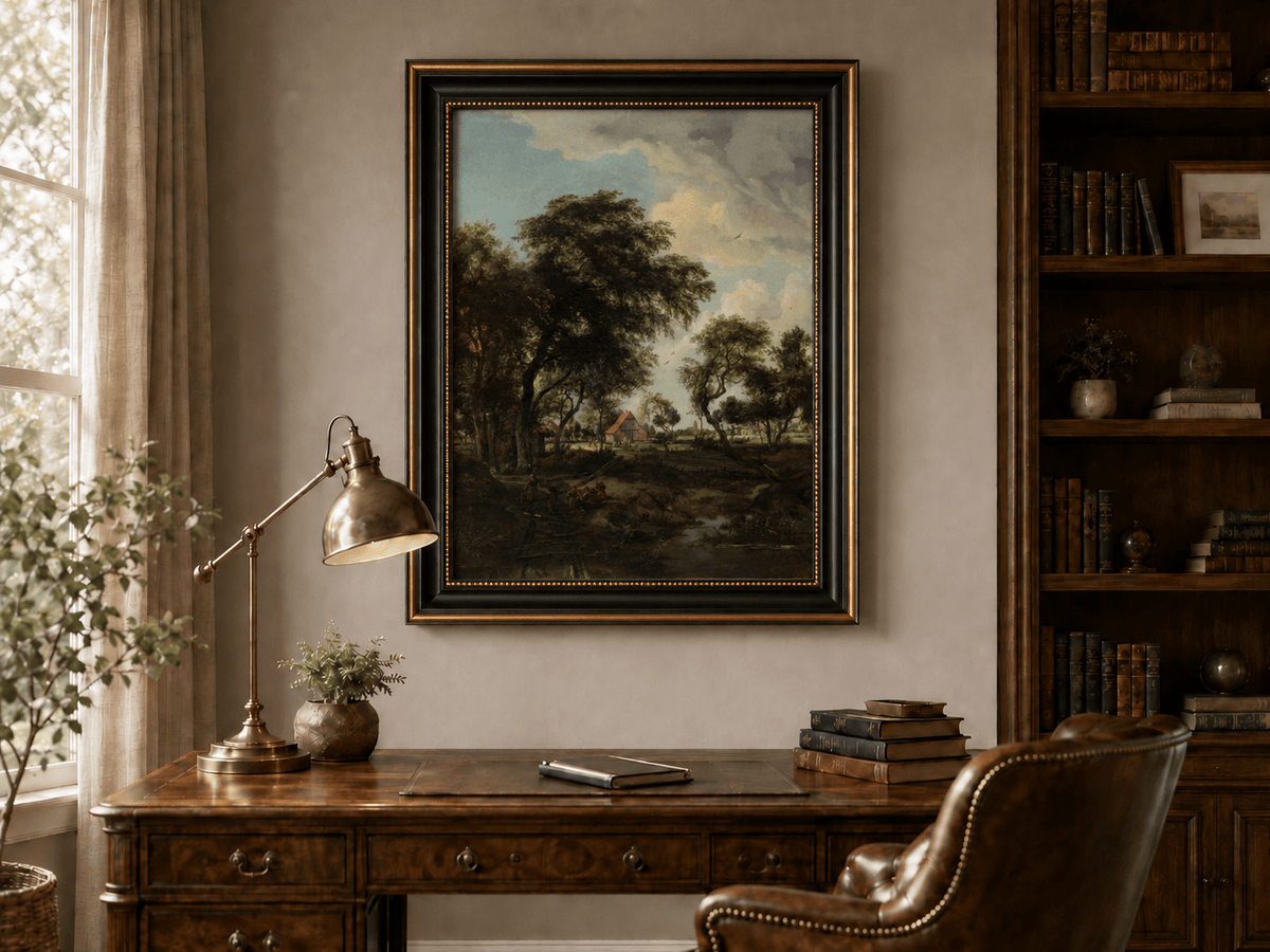 Landscape Oil Painting - Rustic Village Landscape Trees & Stream