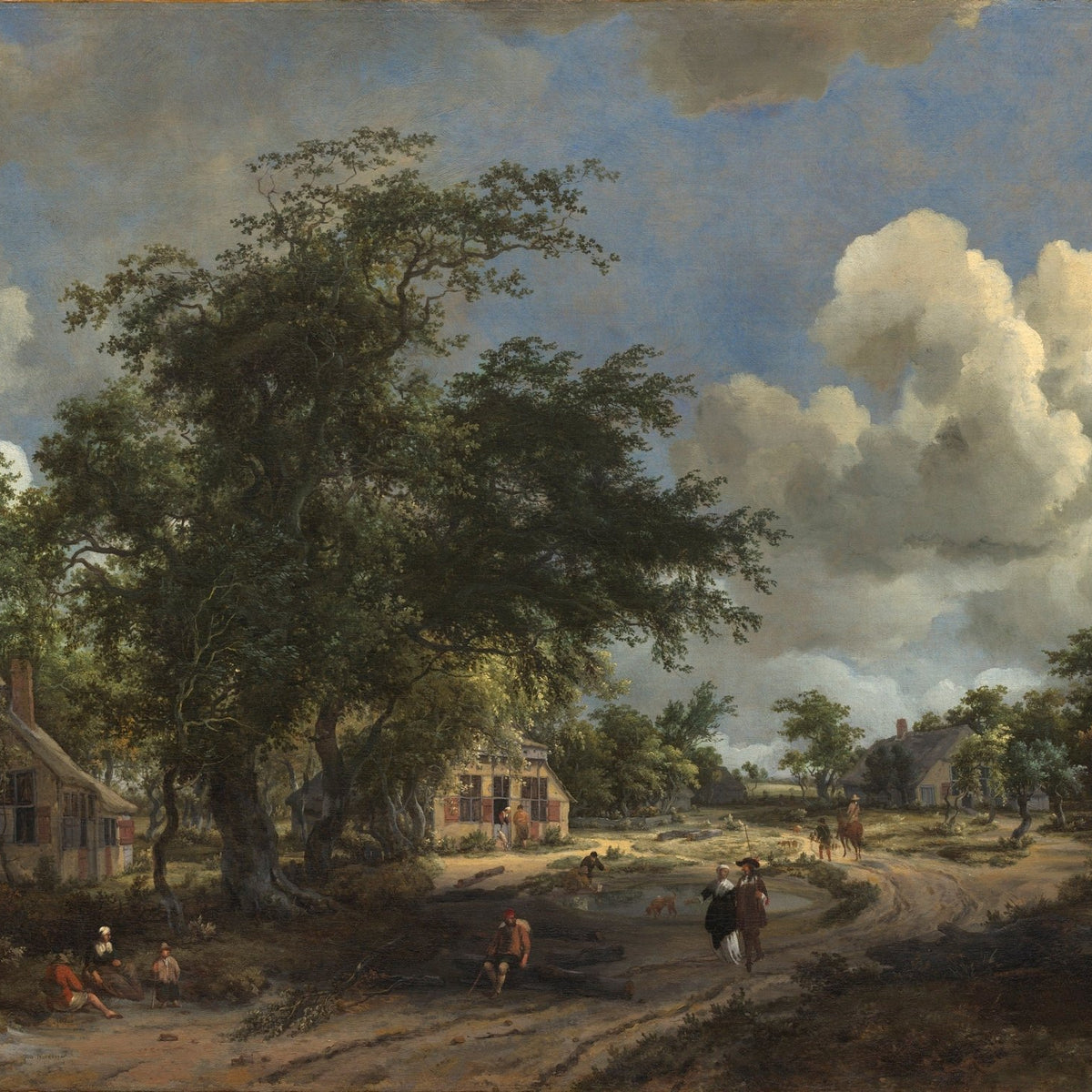 Hand-painted rustic village road under cloudy sky landscape oil painting on canvas