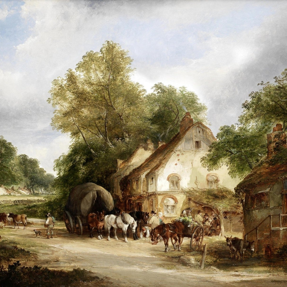 Hand-painted rustic village road with horses and wagon landscape oil painting on canvas