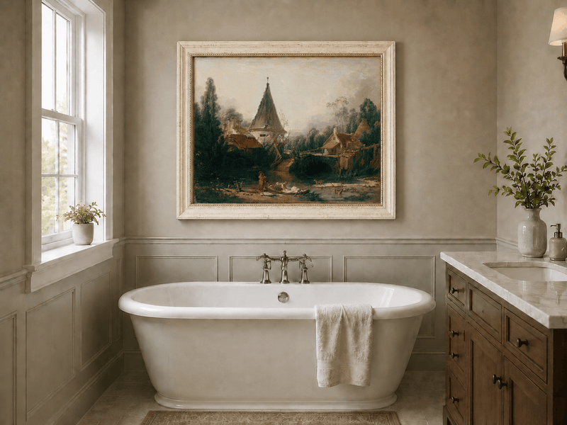 Landscape Oil Painting - Rustic Village Scene with Stream