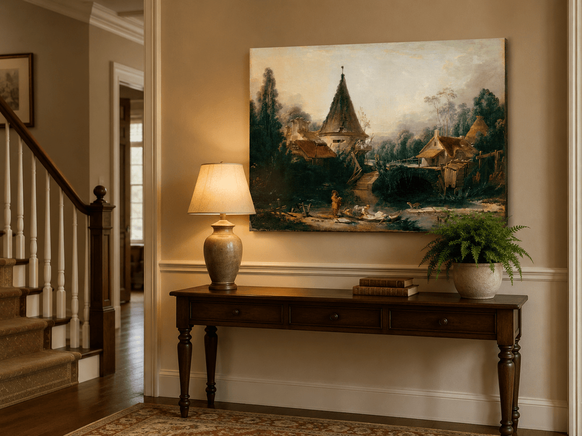 Landscape Oil Painting - Rustic Village Scene with Stream
