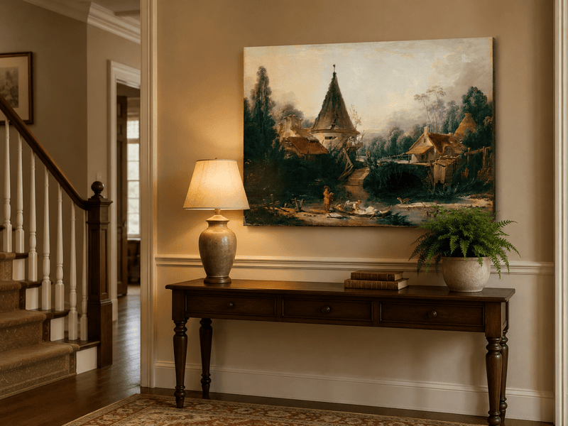 Landscape Oil Painting - Rustic Village Scene with Stream