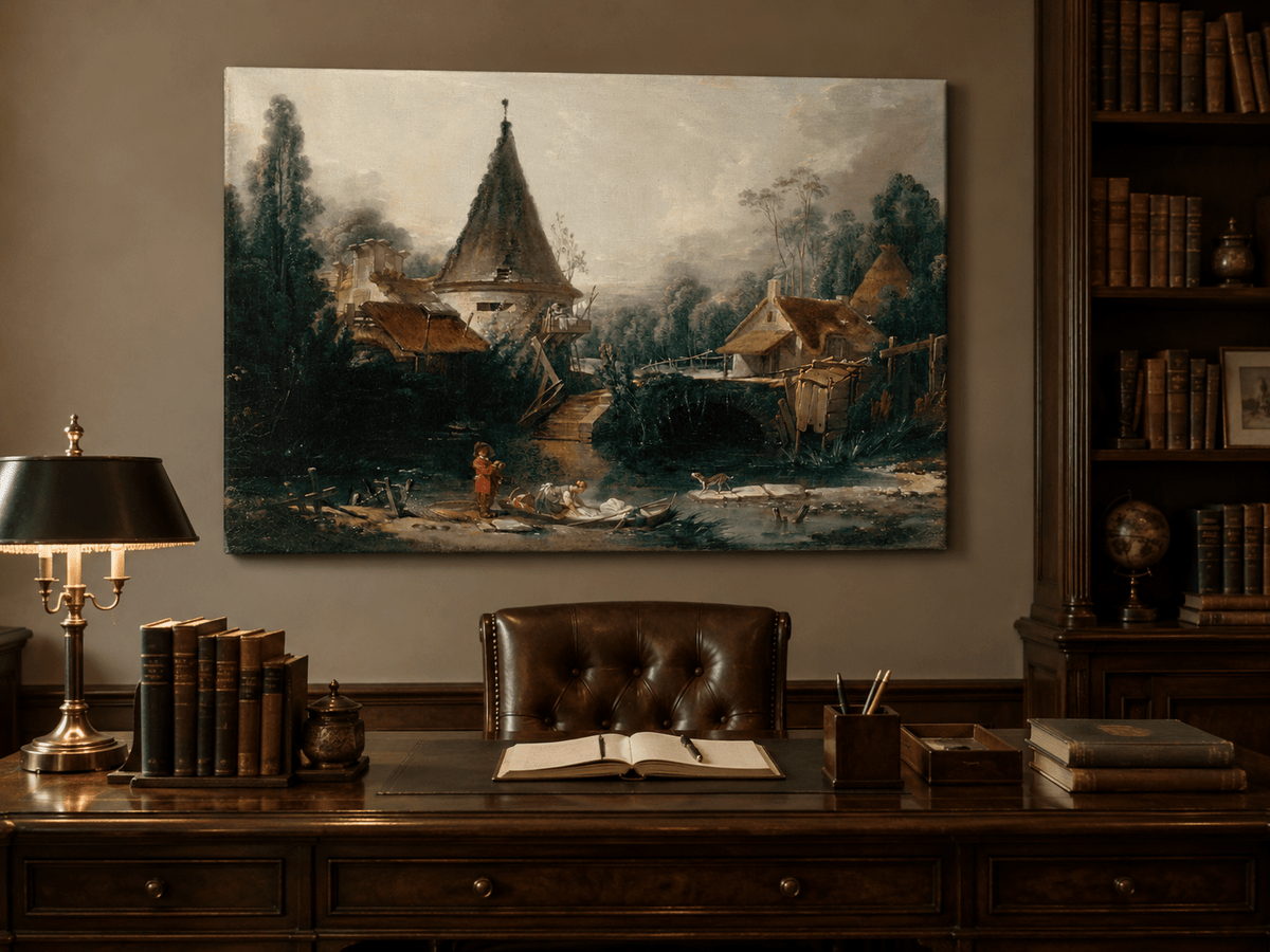 Landscape Oil Painting - Rustic Village Scene with Stream