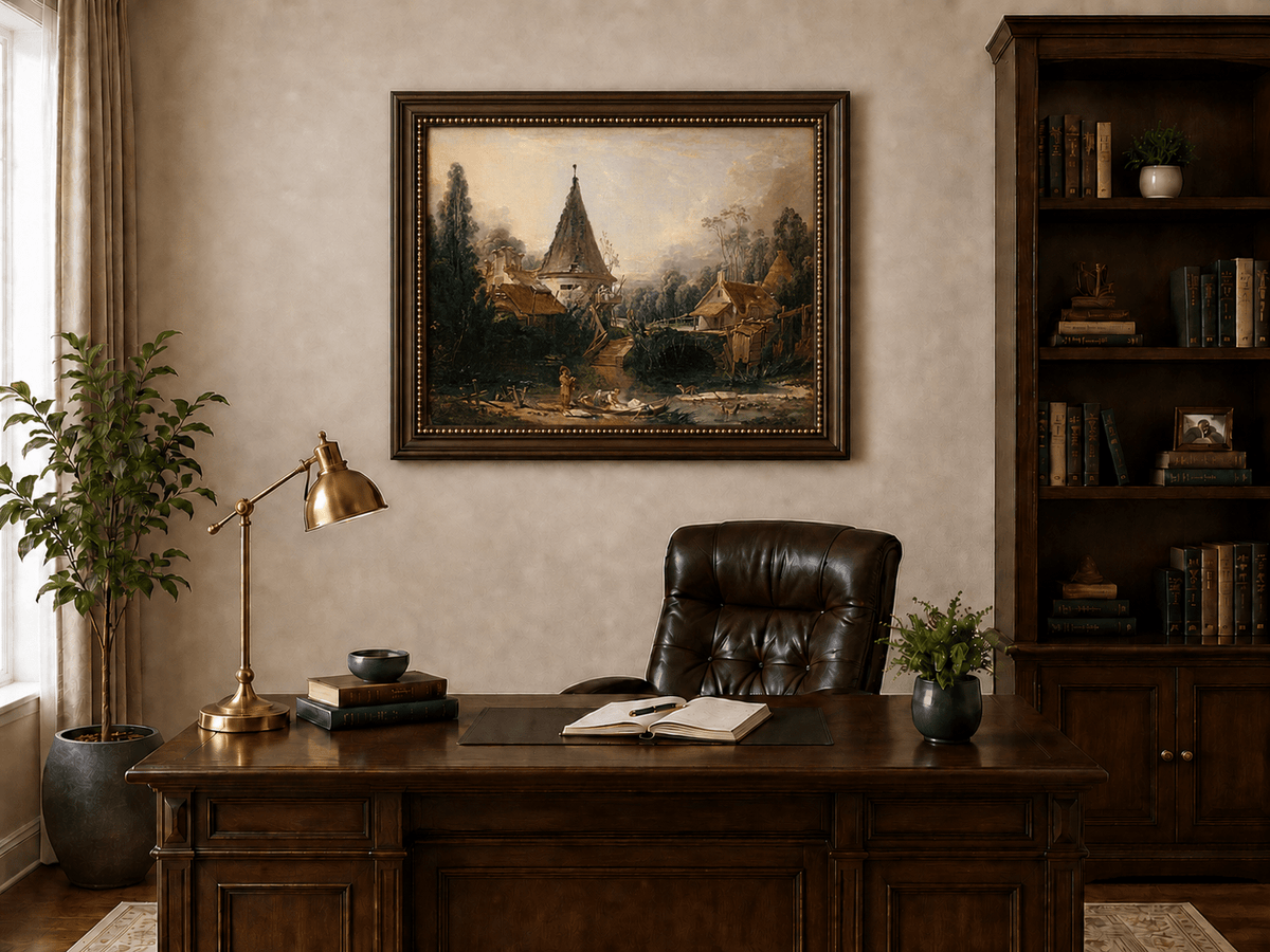 Landscape Oil Painting - Rustic Village Scene with Stream