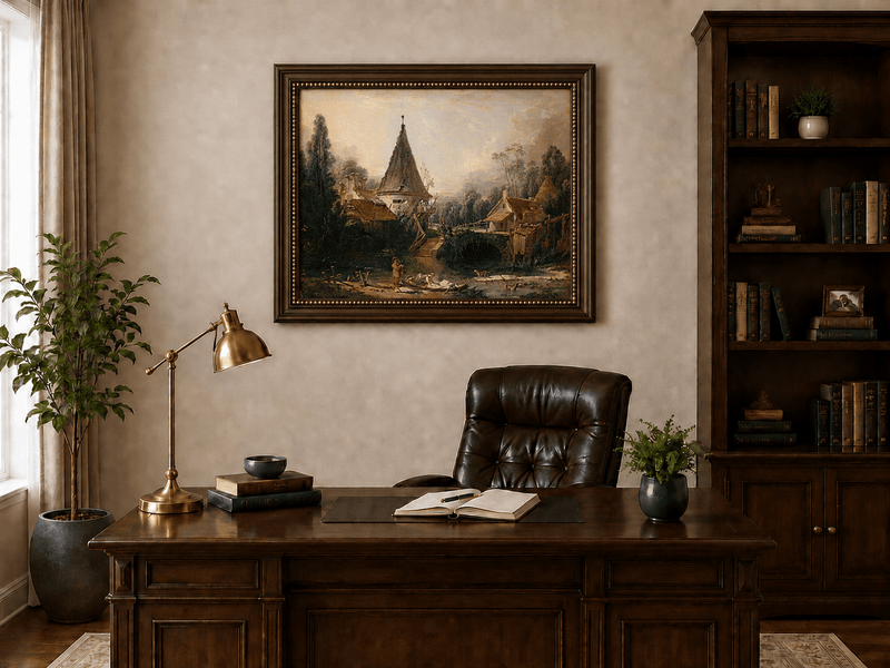Landscape Oil Painting - Rustic Village Scene with Stream