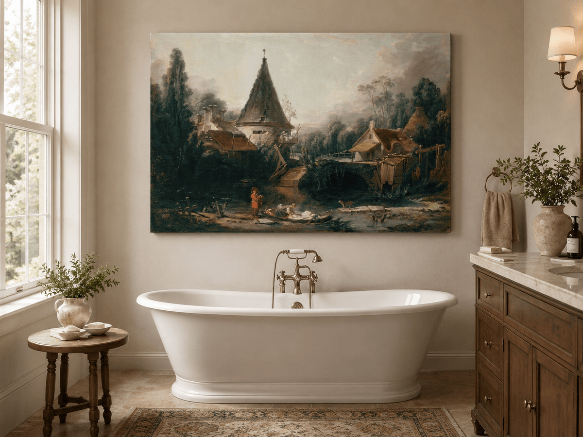 Landscape Oil Painting - Rustic Village Scene with Stream