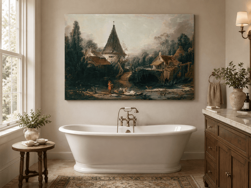 Landscape Oil Painting - Rustic Village Scene with Stream