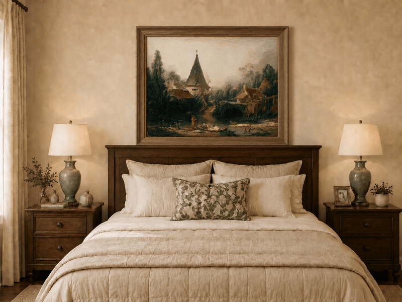 Landscape Oil Painting - Rustic Village Scene with Stream