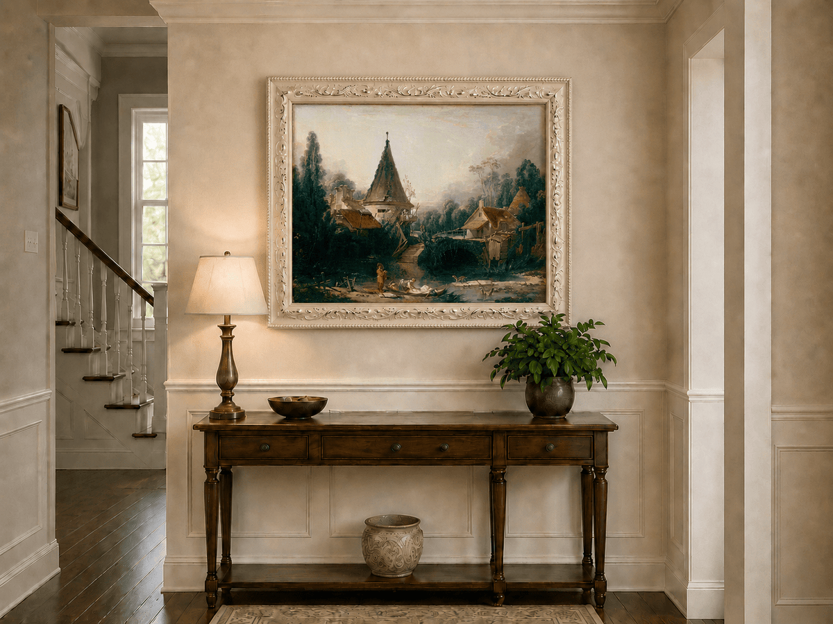 Landscape Oil Painting - Rustic Village Scene with Stream