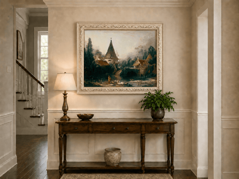 Landscape Oil Painting - Rustic Village Scene with Stream