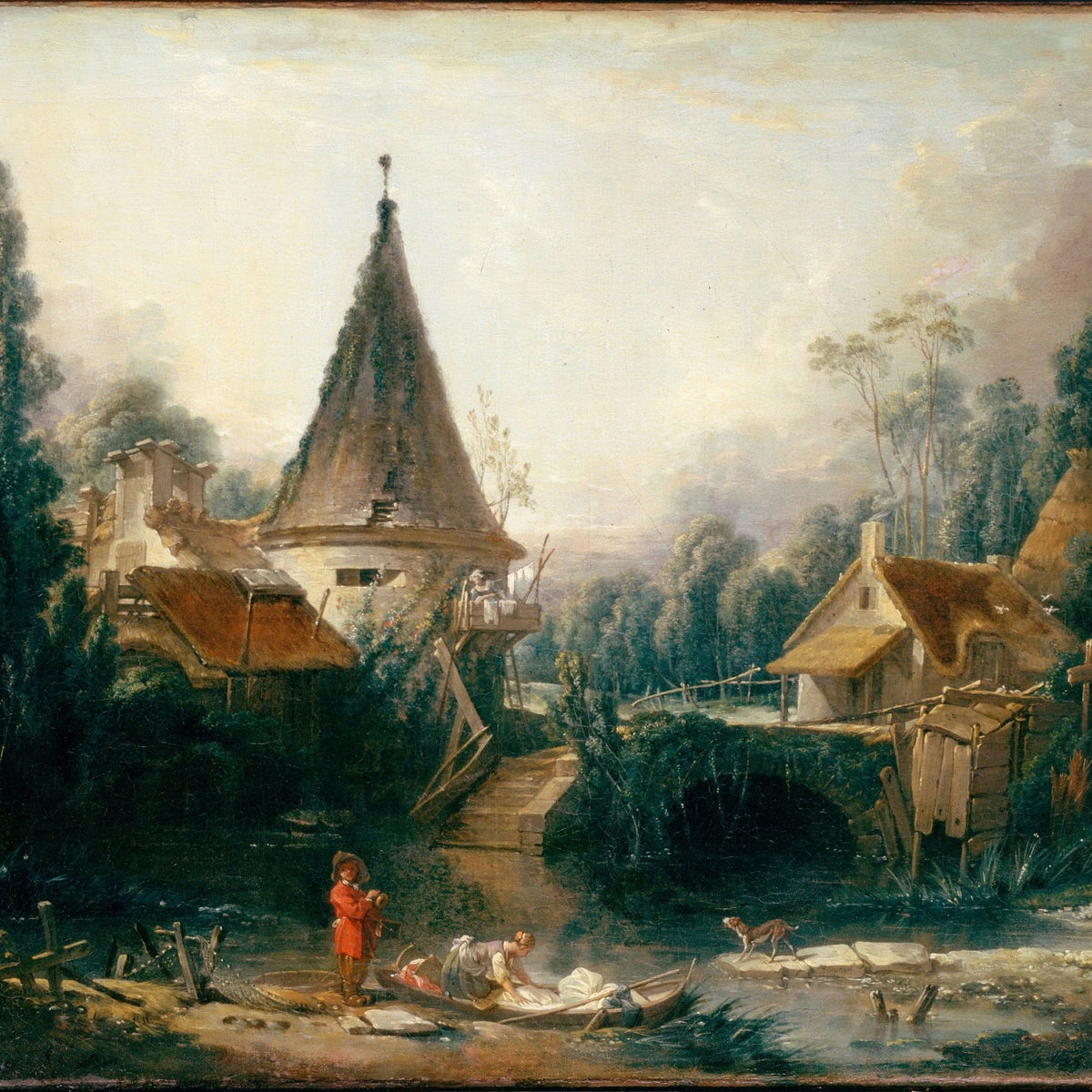 Hand-painted rustic village scene with stream landscape oil painting on canvas