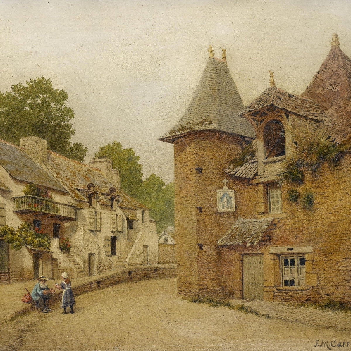 Landscape Oil Painting - Rustic Village Street and Stone Tower - Oil Painting Haven