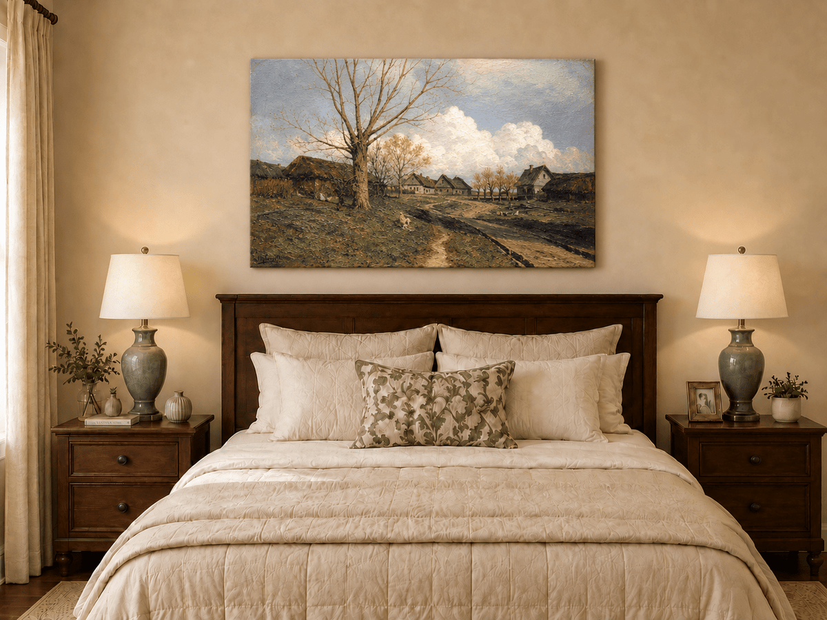 Landscape Oil Painting - Rustic Village with Bare Tree