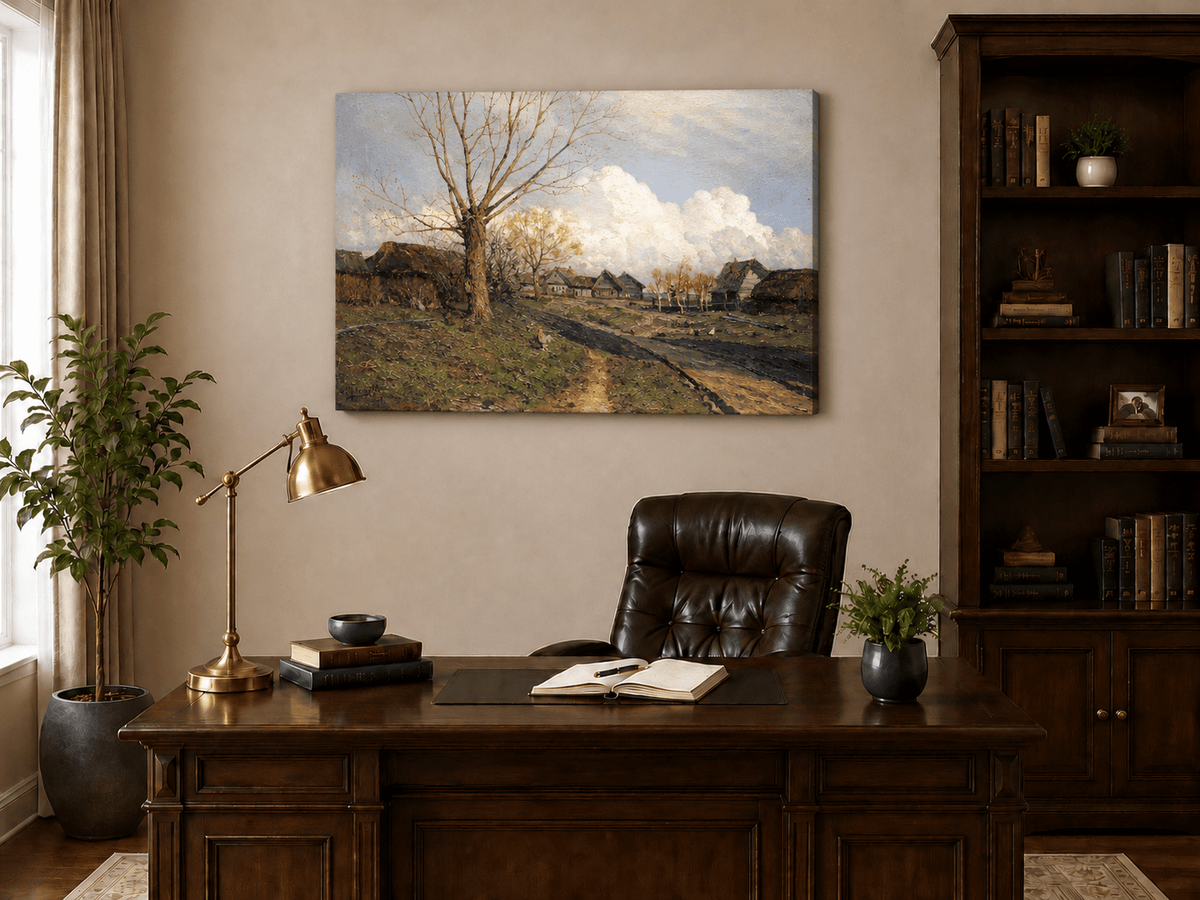 Landscape Oil Painting - Rustic Village with Bare Tree