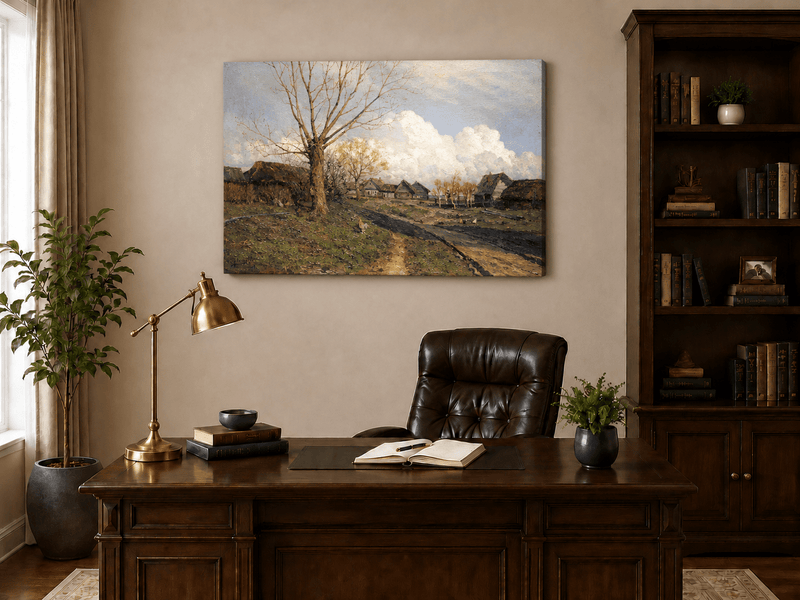 Landscape Oil Painting - Rustic Village with Bare Tree