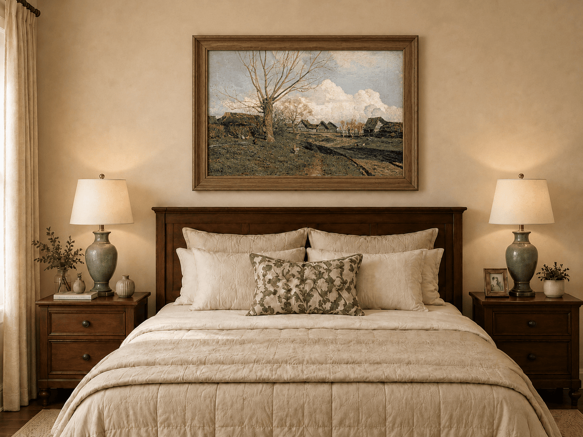 Landscape Oil Painting - Rustic Village with Bare Tree