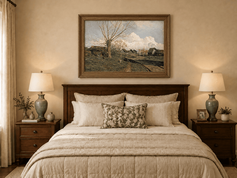 Landscape Oil Painting - Rustic Village with Bare Tree