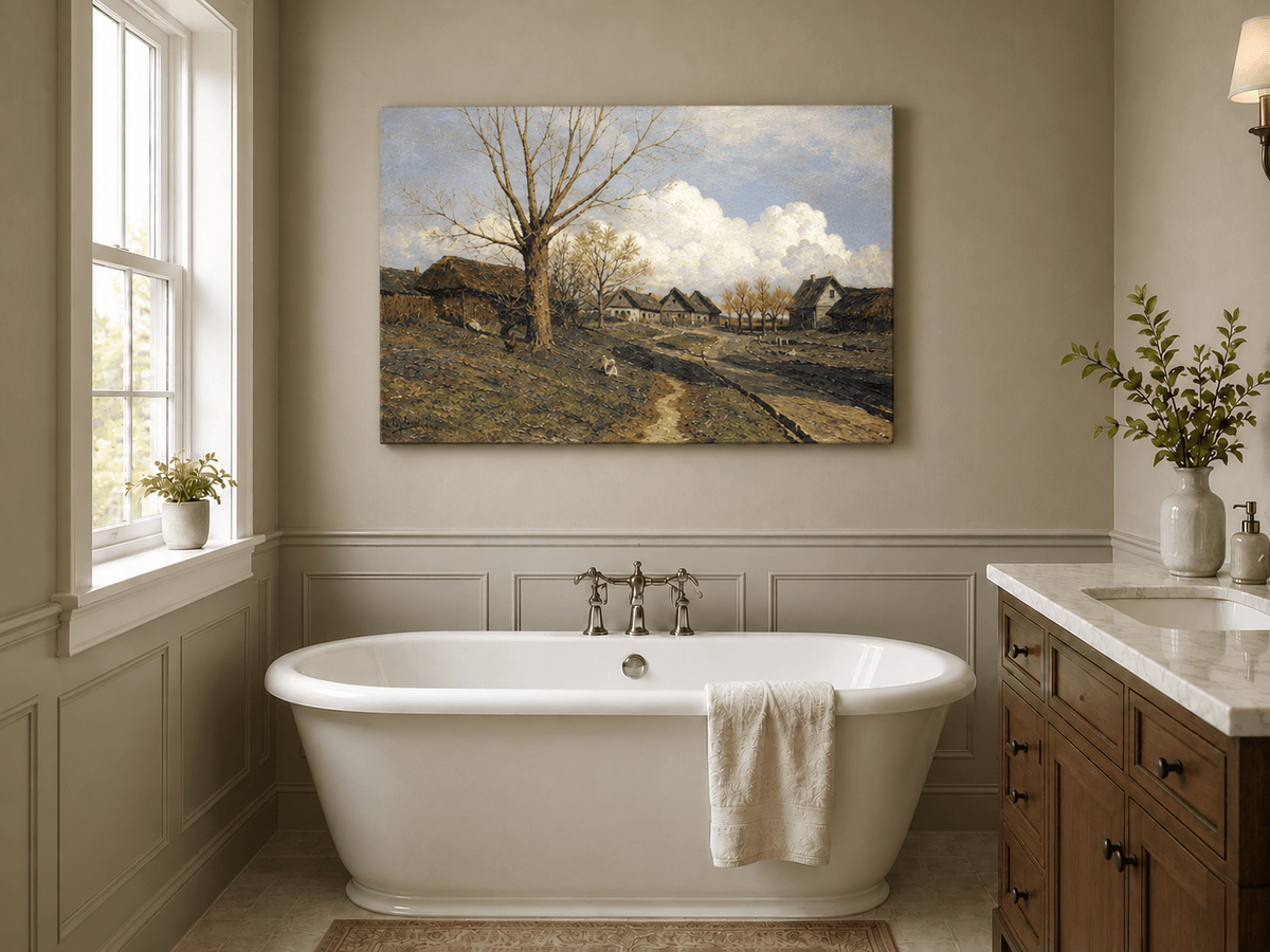 Landscape Oil Painting - Rustic Village with Bare Tree