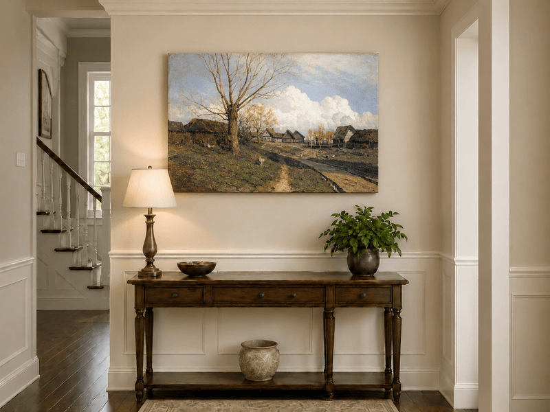Landscape Oil Painting - Rustic Village with Bare Tree