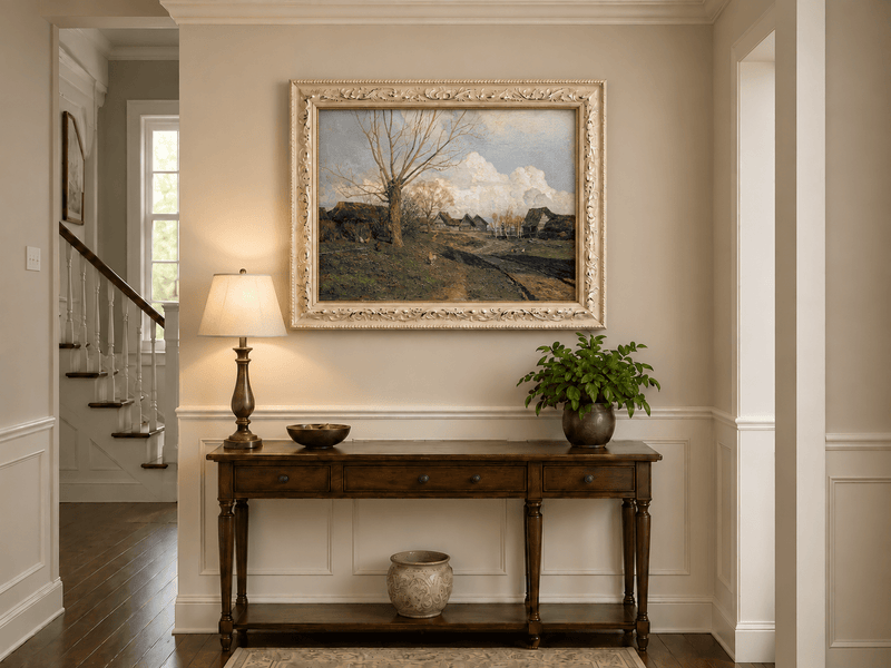 Landscape Oil Painting - Rustic Village with Bare Tree