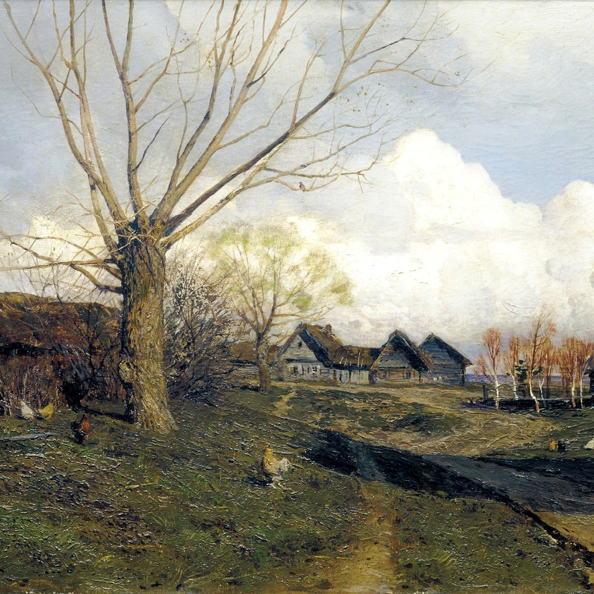 Hand-painted rustic village with bare tree landscape oil painting on canvas