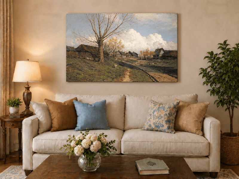 Landscape Oil Painting - Rustic Village with Bare Tree