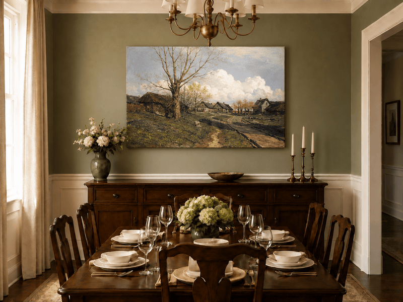 Landscape Oil Painting - Rustic Village with Bare Tree