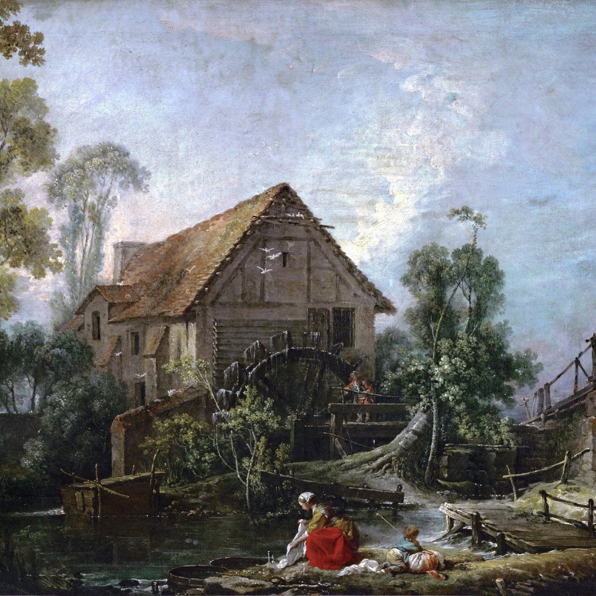 Landscape oil painting of rustic water mill cottage by a flowing river with textured brushwork and detailed hand painted oil . - Architecture, Canvas, Cottage, Country, Figure, Hand Painted, Landscape, Made To Order, Oil Painting, River