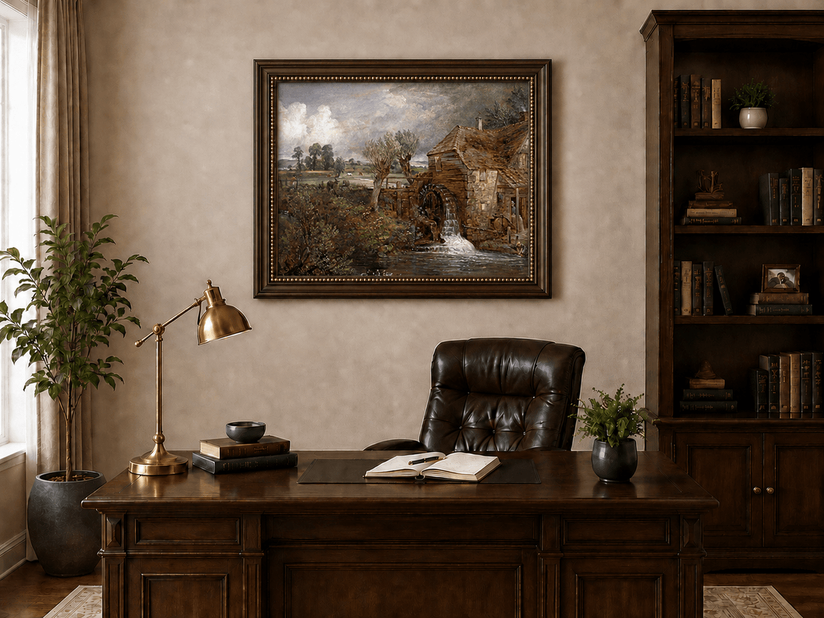 Landscape Oil Painting - Rustic Watermill and Countryside Pond