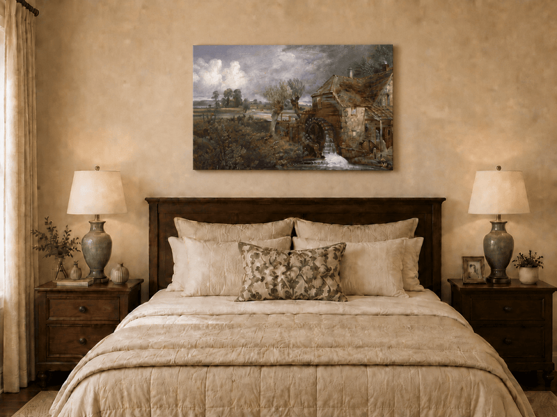 Landscape Oil Painting - Rustic Watermill and Countryside Pond
