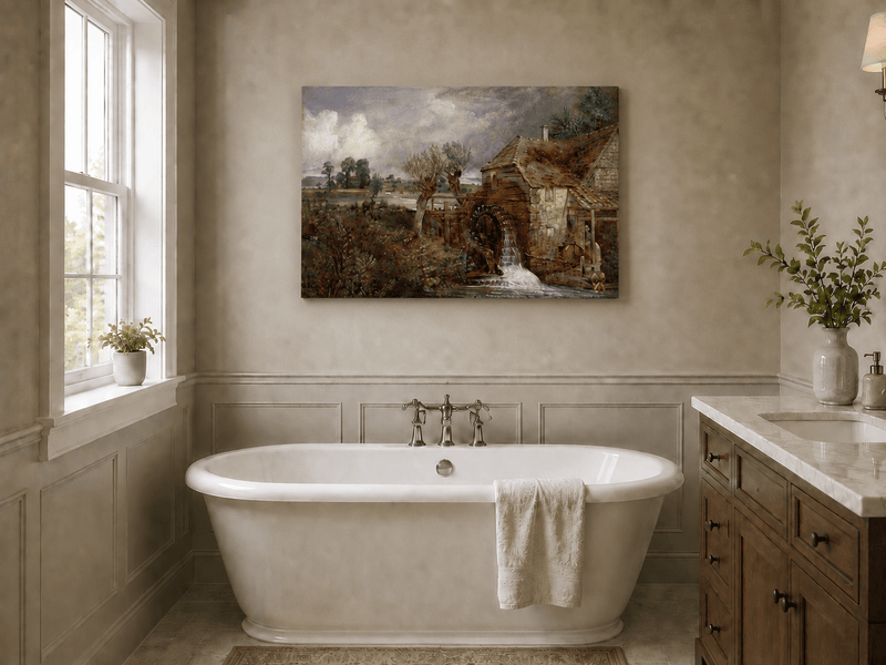 Landscape Oil Painting - Rustic Watermill and Countryside Pond