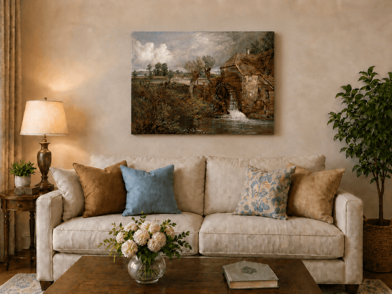 Landscape Oil Painting - Rustic Watermill and Countryside Pond