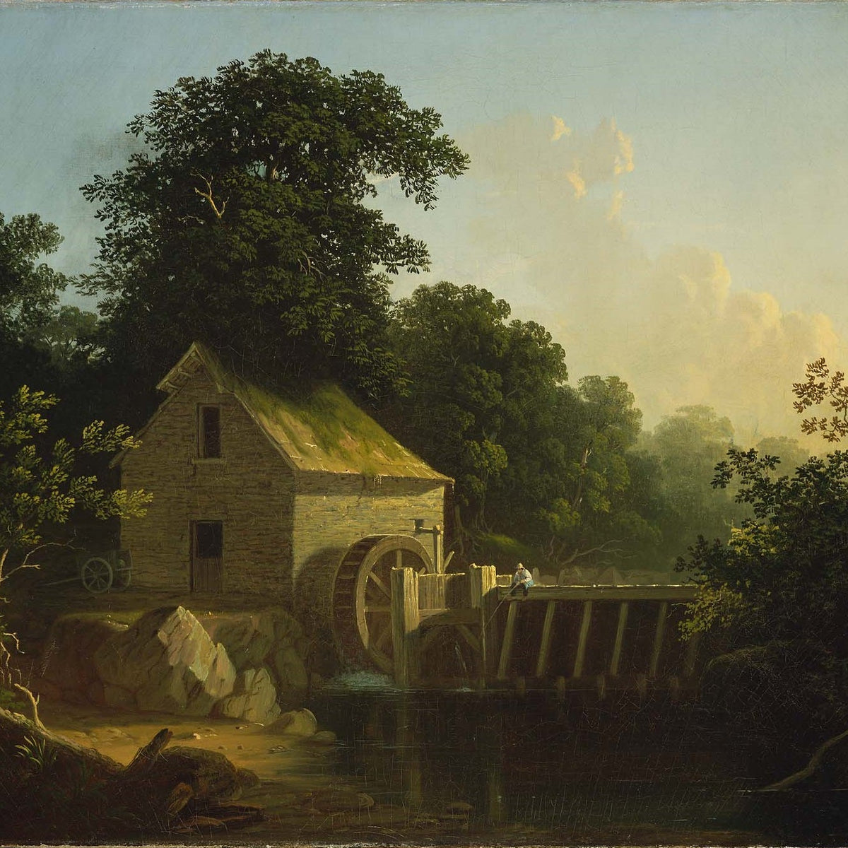 Hand-painted rustic watermill by a quiet river landscape oil painting on canvas