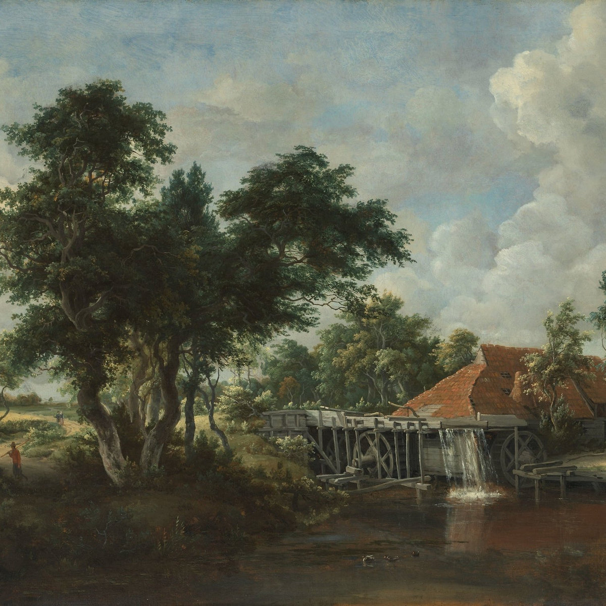 Hand-painted rustic watermill by the quiet stream landscape oil painting on canvas