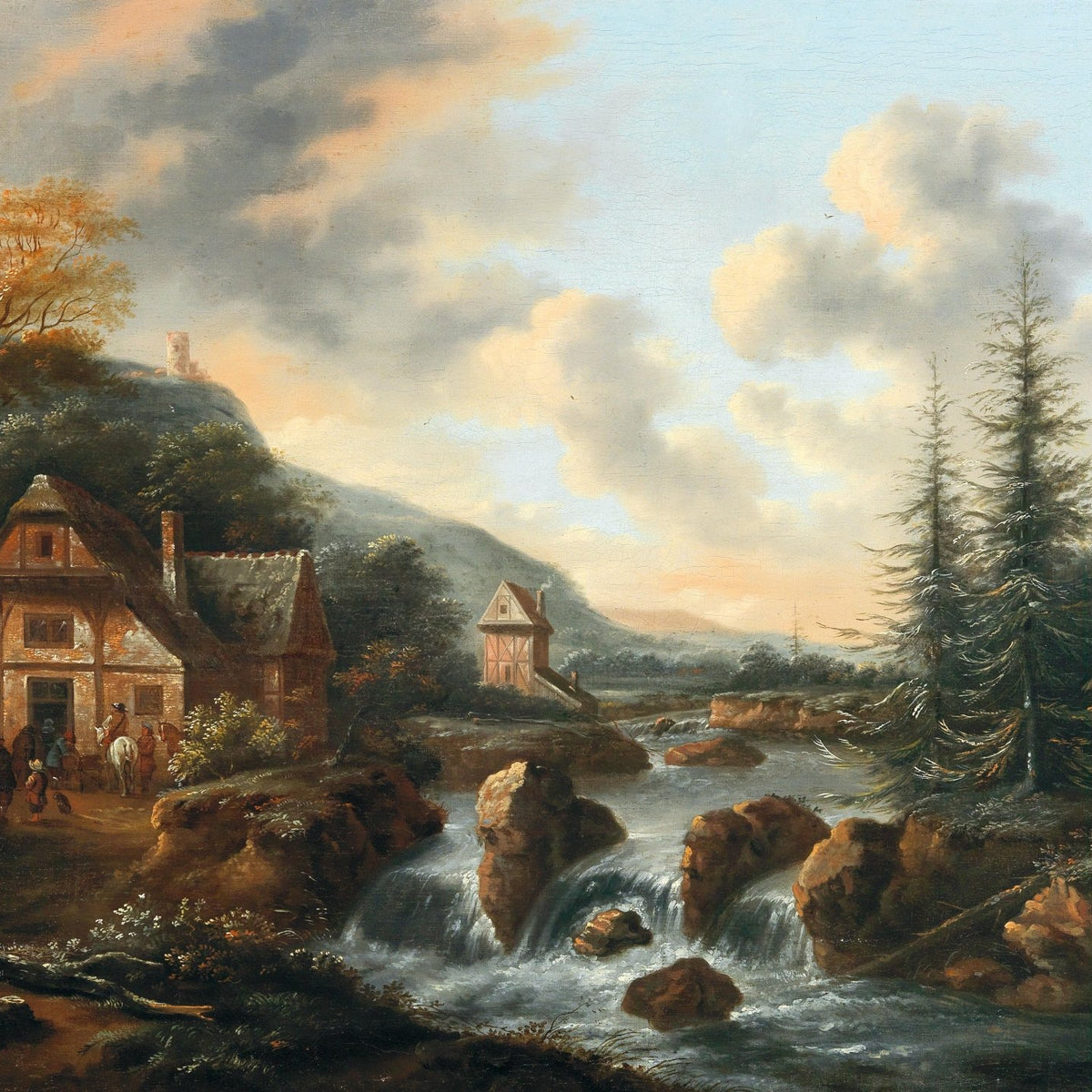 Hand-painted rustic watermill cottage by rocky stream landscape oil painting on canvas