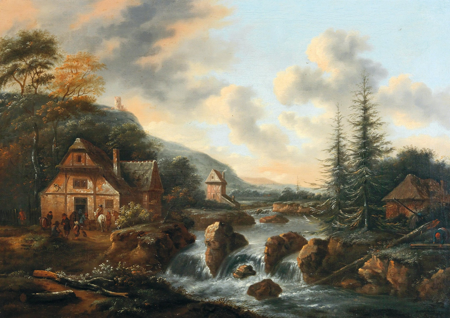Hand-painted rustic watermill cottage by rocky stream landscape oil painting on canvas