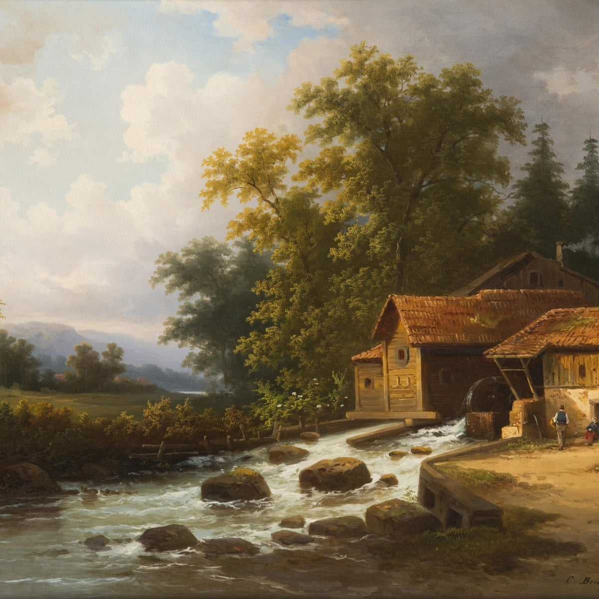 Hand-painted rustic watermill in a sunlit forest landscape oil painting on canvas
