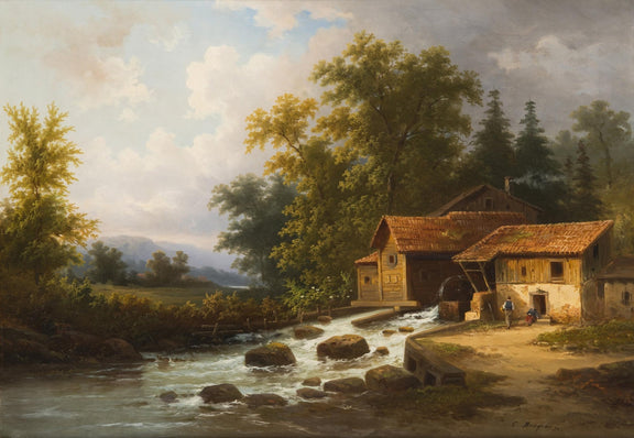 Hand-painted rustic watermill in a sunlit forest landscape oil painting on canvas